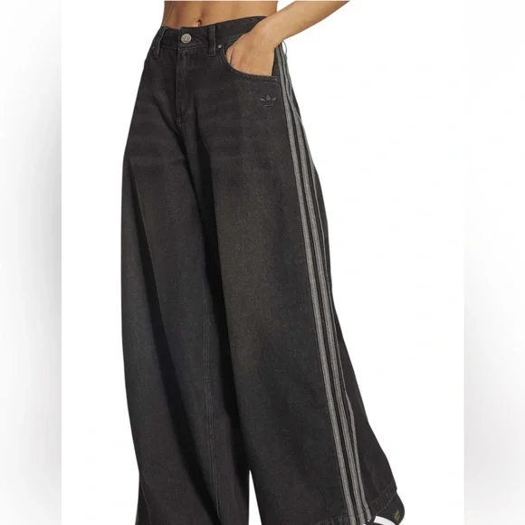 NWT ADIDAS Adicolor denim Adilenium wide leg black grey jeans two sizes 24 & 32 - Picture 5 of 6